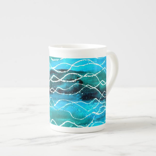 Turquoise, Noir, Blanc 'Vagues' Bone China Mug (Devant droit)