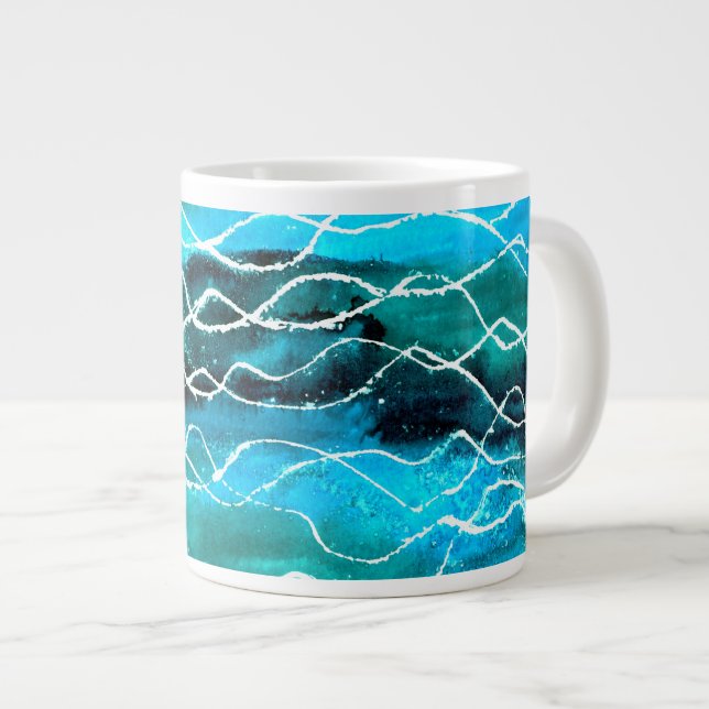 Turquoise, Noir, Blanc 'Vagues' Jumbo Mug (Devant droit)