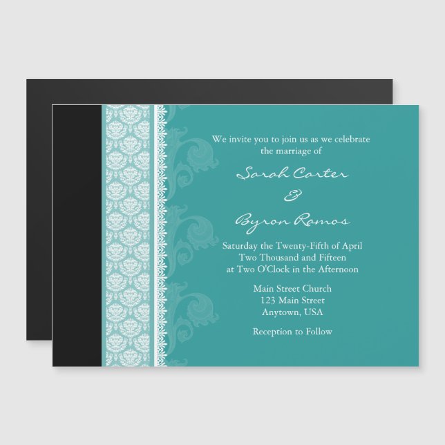 Turquoise Noir moderne Faire-part de mariage magné (Devant / Derrière)
