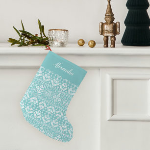 Turquoise Nordic Sweater Pattern Personalized Small Christmas Stocking