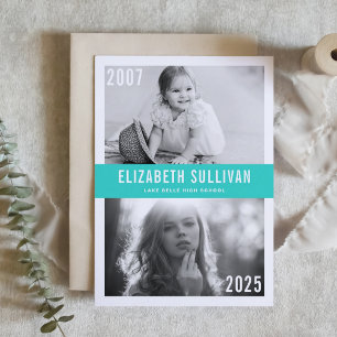 Turquoise Now and Then Photo Collage Graduation Invitation