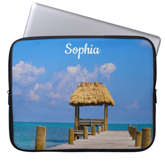 Turquoise Ocean and Dock with Name Personalization Laptop Sleeve (Front)