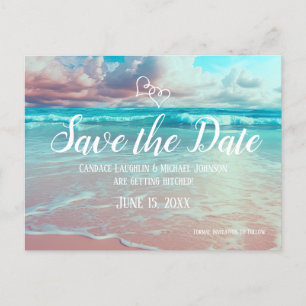 Turquoise Ocean Beach Heart Wedding Save the Date Postcard