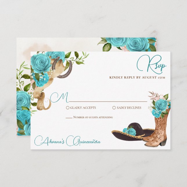 Turquoise Ocean Blue Charro Western Quinceanera RSVP Card (Front/Back)