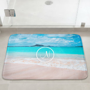 Turquoise ocean sandy beach photo custom monogram bath mat