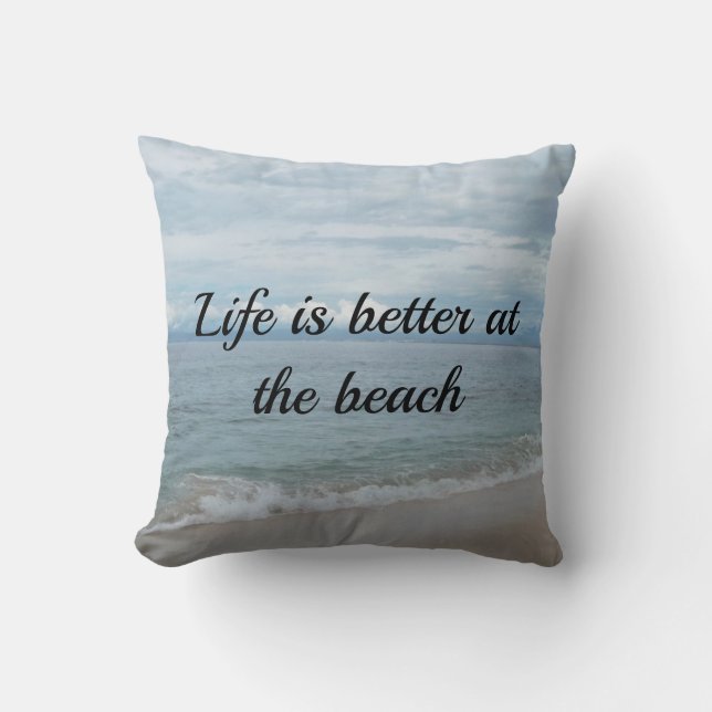Turquoise ocean, sandy beach with text throw pillow (Front)