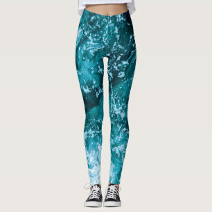 Turquoise Ocean Sea Waves Pattern Leggings