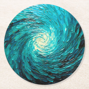 Turquoise Ocean Vortex Abstract Round Paper Coaster