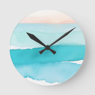 Turquoise Ocean Watercolor Sunset Round Clock