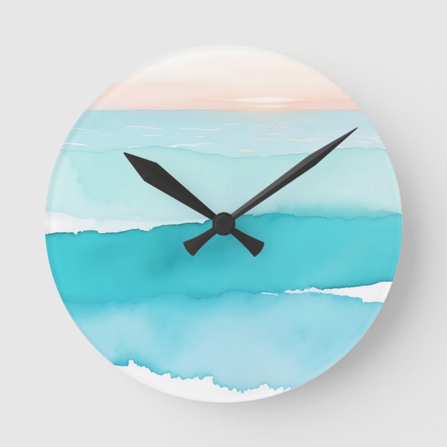 Turquoise Ocean Watercolor Sunset Round Clock (Front)