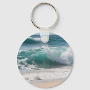 Turquoise Ocean Wave Crashing Shore Keychain