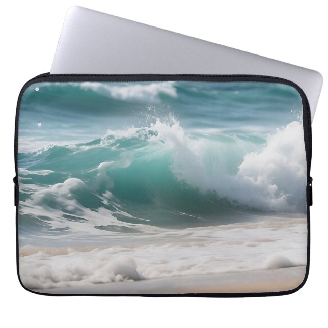 Turquoise Ocean Wave Crashing Shore Laptop Sleeve (Front)