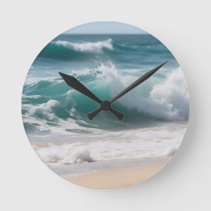 Turquoise Ocean Wave Crashing Shore Round Clock