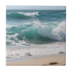 Turquoise Ocean Wave Crashing Shore Tile