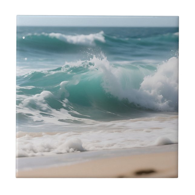Turquoise Ocean Wave Crashing Shore Tile (Front)