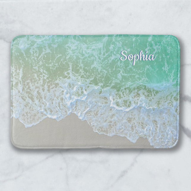 Turquoise Ocean Wave, Personalize Name or Monogram Bath Mat (Creator Uploaded)