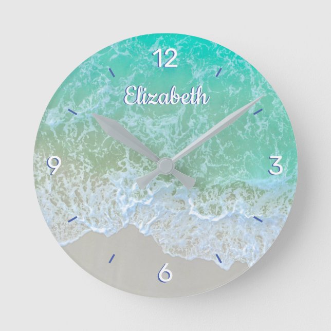 Turquoise Ocean Wave, Personalize Name or Monogram Round Clock (Front)