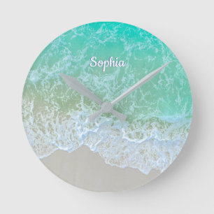 Turquoise Ocean Wave, Personalize Name or Monogram Round Clock