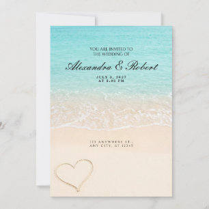 Turquoise Ocean Wave Sand Heart Wedding Invitation
