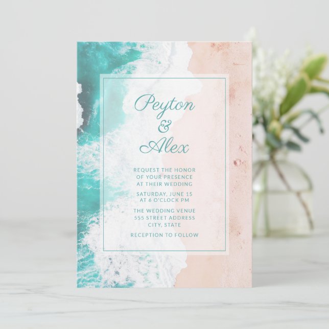 Turquoise Ocean Waves Beach Tropical Wedding  Invitation (Standing Front)
