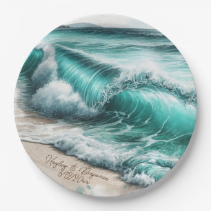 Turquoise Ocean Waves Personalized Wedding Paper Plate