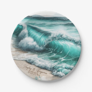 Turquoise Ocean Waves Personalized Wedding Paper Plate