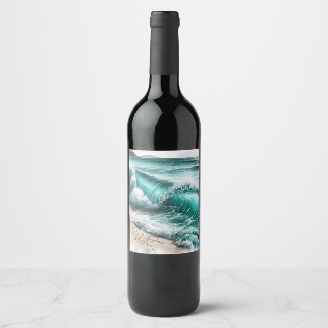 Turquoise Ocean Waves Personalized Wedding Wine Label (Front)