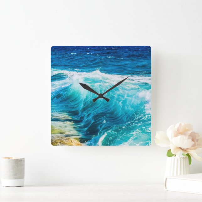 Turquoise Ocean Waves Square Wall Clock (Home)
