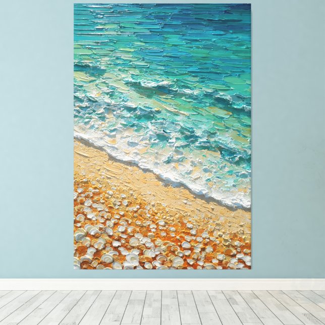 Turquoise Ocean Waves with Sandy Shore Textured Canvas Print (Insitu(Wood Floor))