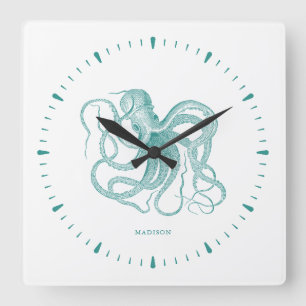 Turquoise octopus and numerals on white monogram square wall clock