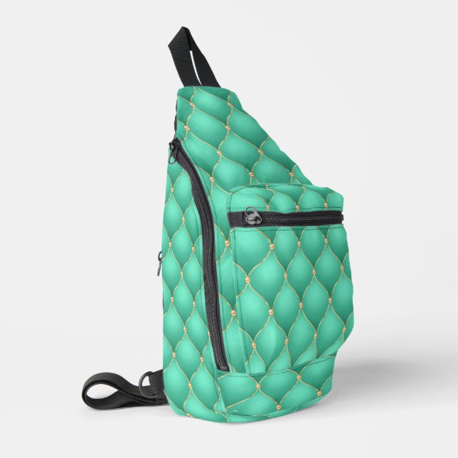 Turquoise Ogee Gold Diamond Tufted Gemstone Sling Bag (Left Corner)