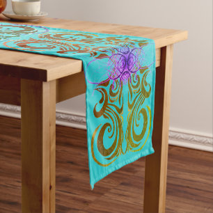 Turquoise, olive and purple elegance short table runner