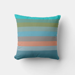 Turquoise, Olive, Coral, Blue, Taupe Stripes Throw Pillow