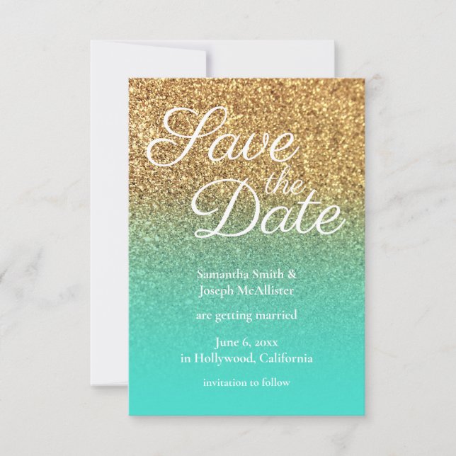 Turquoise Ombre Gold Glitter Photo Save the Date Invitation (Front)