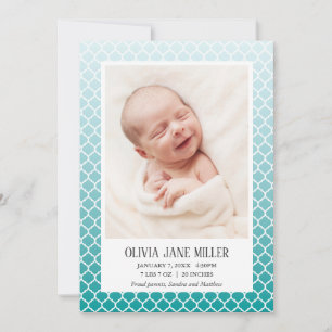 Turquoise Ombre Quatrefoil Baby Birth Announcement