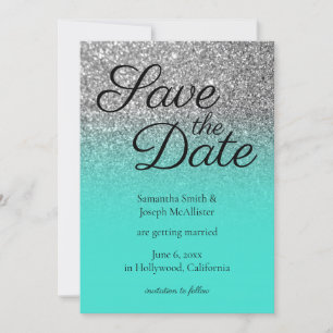 Turquoise Ombre Silver Glitter Save the Date Invitation