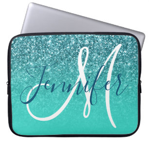 Turquoise Ombre Teal Glitter Personalized Monogram Laptop Sleeve