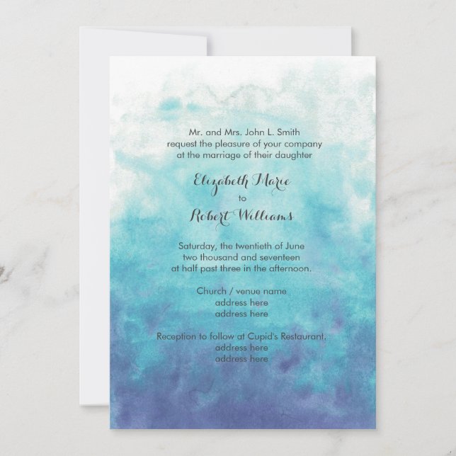 Turquoise Ombre Watercolor Wedding Invitation (Front)