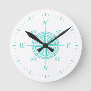 Turquoise On White Coastal Decor Compass Rose Round Clock