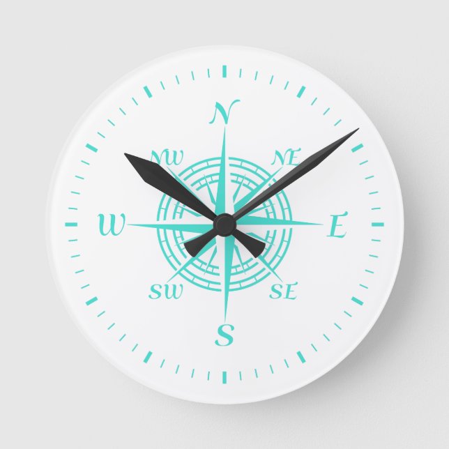 Turquoise On White Coastal Decor Compass Rose Round Clock (Front)
