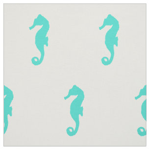 Turquoise On White Coastal Decor Seahorse Fabric