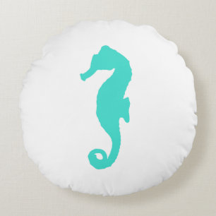 Turquoise On White Coastal Decor Seahorse Round Pillow