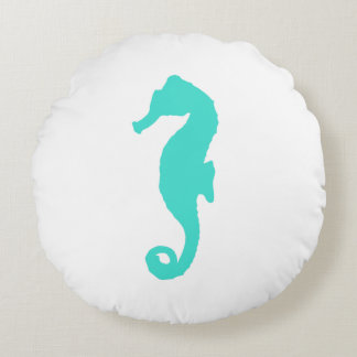 Turquoise On White Coastal Decor Seahorse Round Pillow