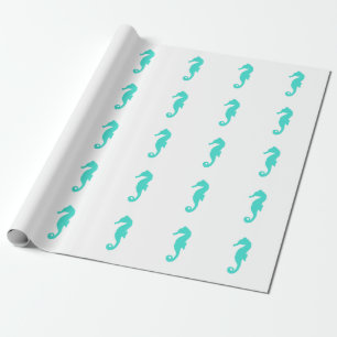 Turquoise On White Coastal Decor Seahorse Wrapping Paper