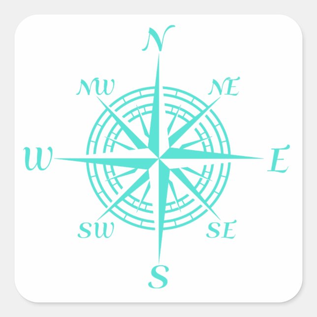 Turquoise On White Compass Rose Square Sticker (Front)