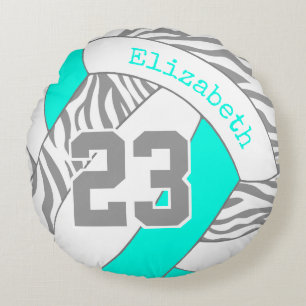 turquoise or ANY COLOR w grey zebra volleyball Round Pillow