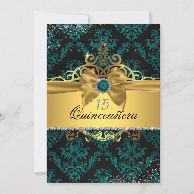 Turquoise or Elegant Damask Quinceanera Invitation (Devant)