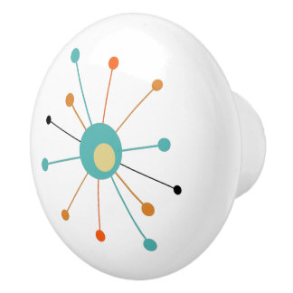 Turquoise Orange Atomic Starburst Mid Century Ceramic Knob