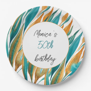 Turquoise Orange Beautiful Watercolor Personalized Paper Plate