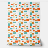 Turquoise Orange Black Squares Lines Mid Century